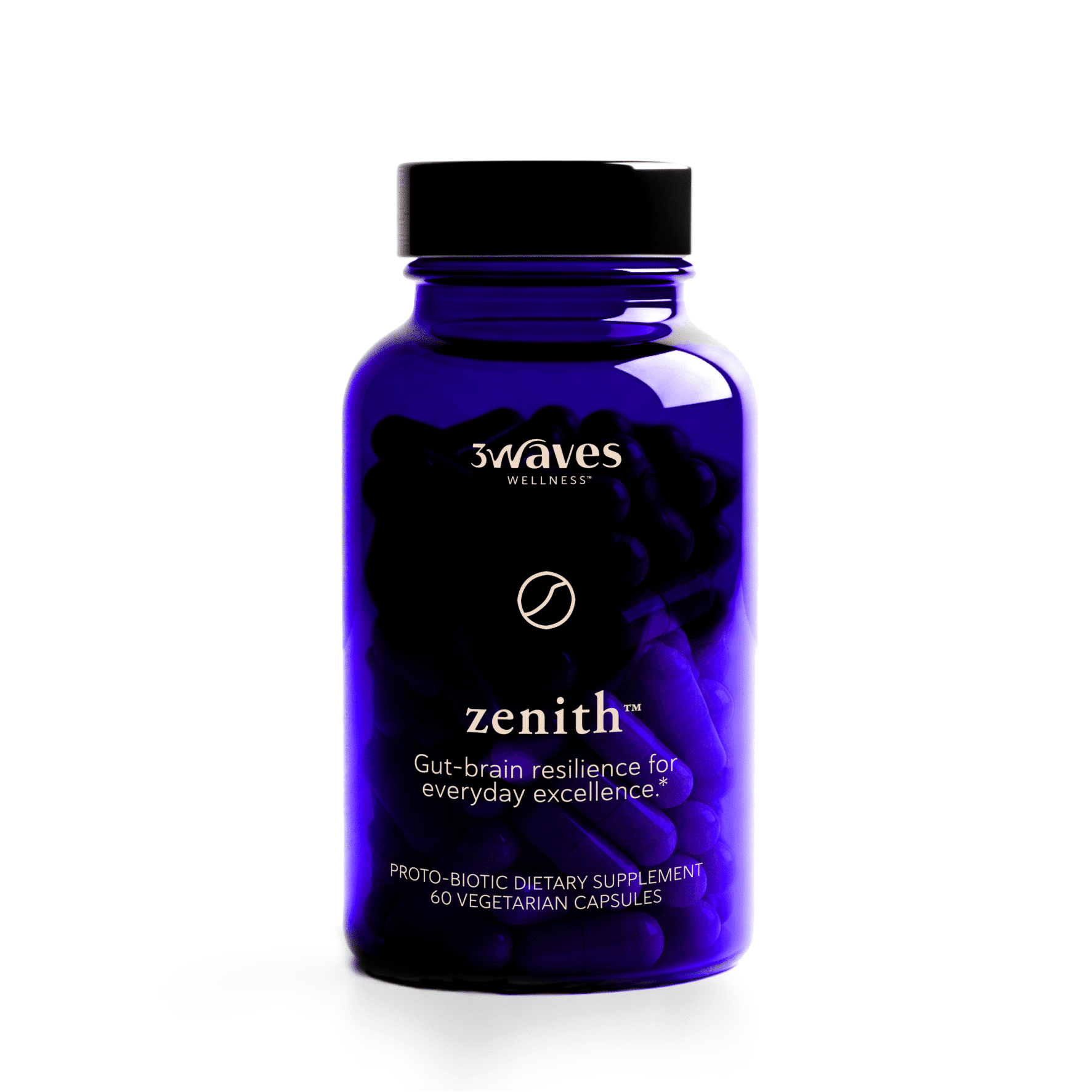 Purple supplement bottle labeled 'zenith' on a white background